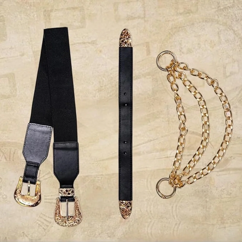 Leather Double buckle belt western boho black gold